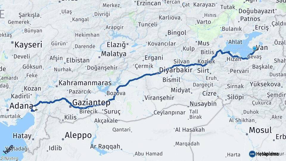 Van Erzin Hatay Arası Kaç Km - Yol Haritası