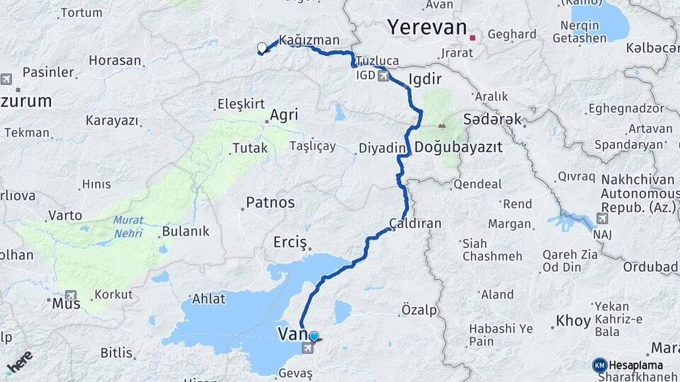 Van Esenkır Kağızman Kars Arası Kaç Km - Yol Haritası