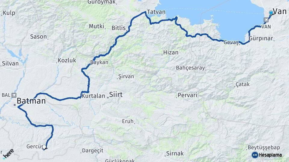 Van Gercüş Batman Arası Kaç Km - Yol Haritası