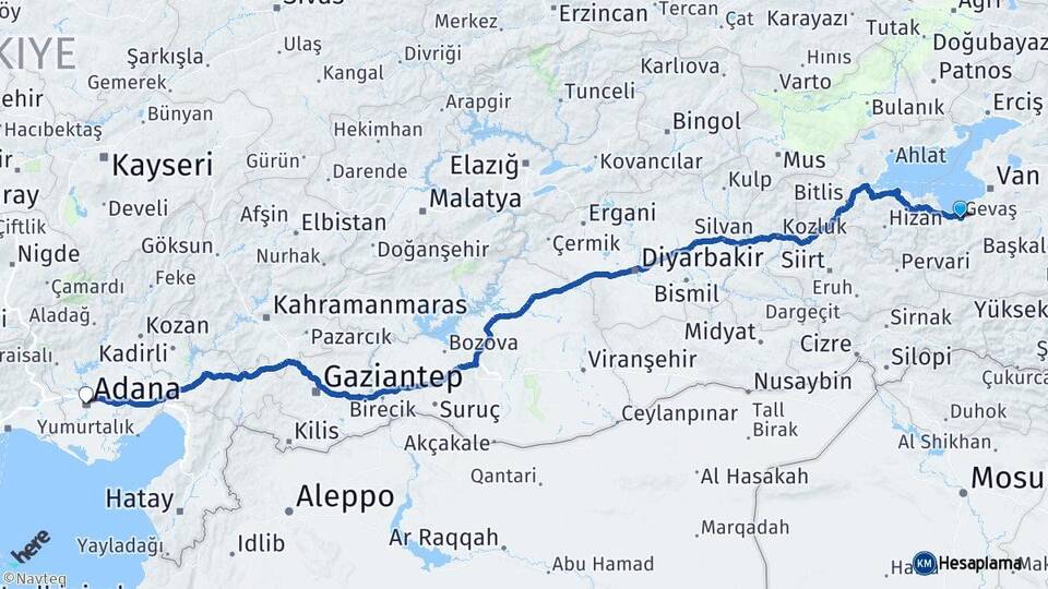 Van Gevaş Adana Arası Kaç Km - Yol Haritası
