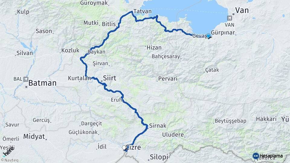 Van Gevaş Cizre Şırnak Arası Kaç Km - Yol Haritası