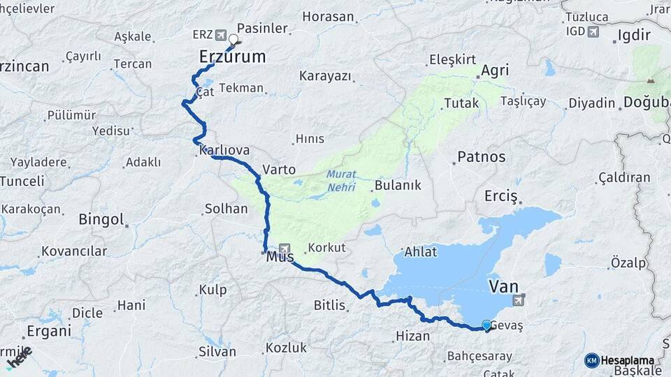 Van Gevaş Erzurum Arası Kaç Km - Yol Haritası