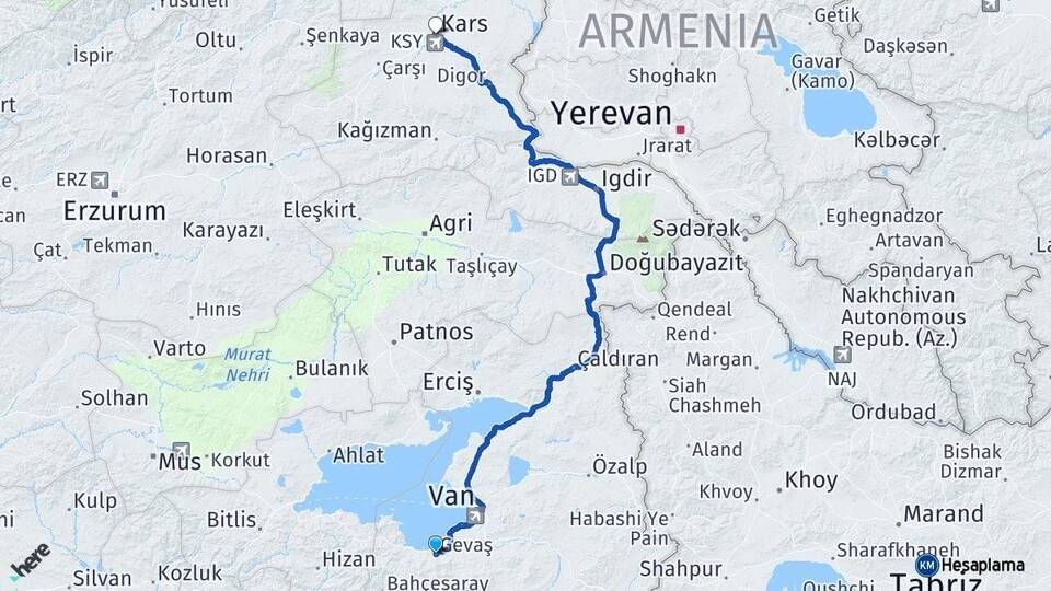 Van Gevaş Kars Arası Kaç Km - Yol Haritası