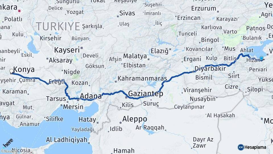 Van Gevaş Konya Arası Kaç Km - Yol Haritası