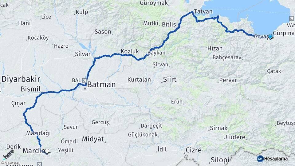 Van Gevaş Mardin Arası Kaç Km - Yol Haritası