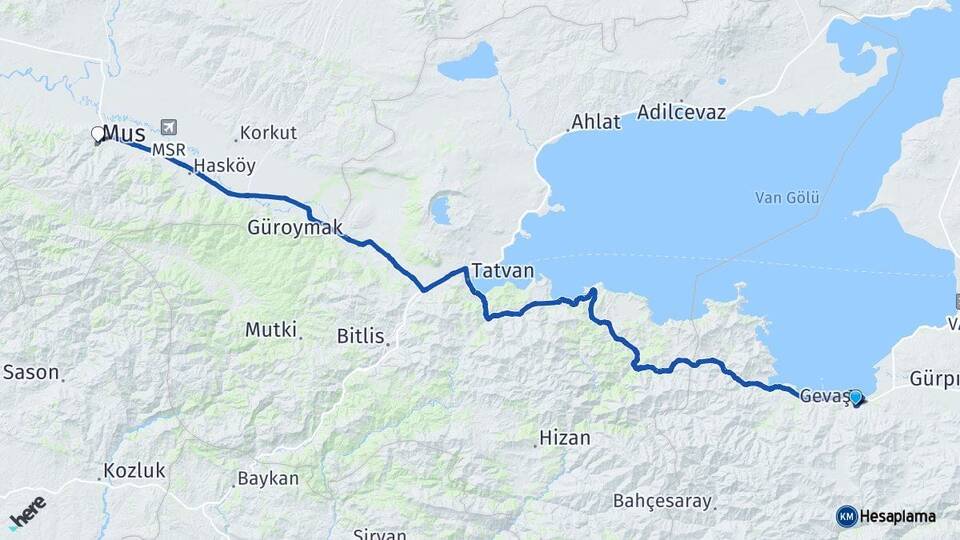 Van Gevaş Muş Arası Kaç Km - Yol Haritası