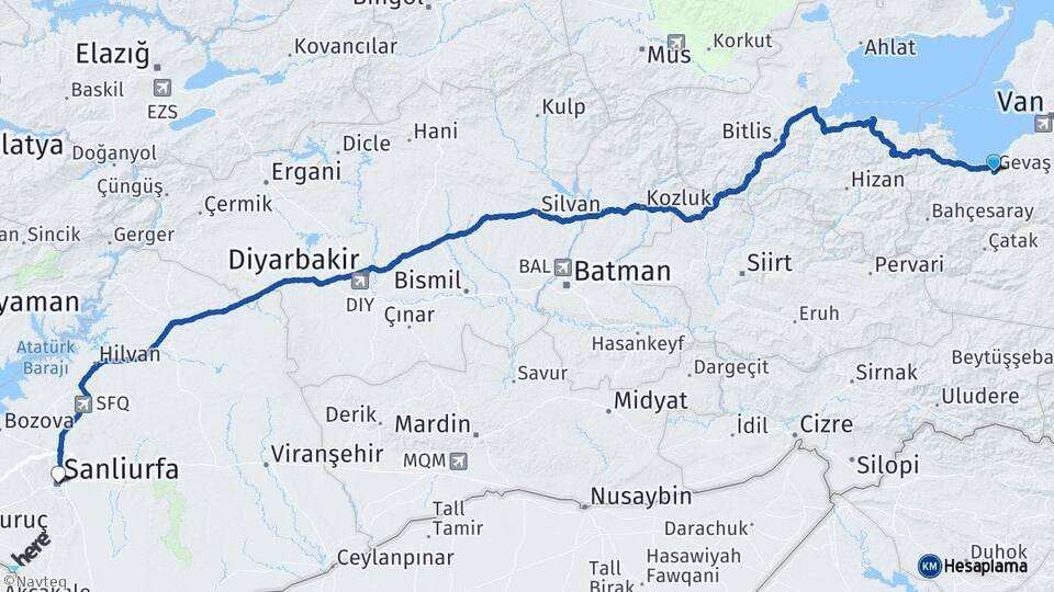 Van Gevaş Şanlıurfa Arası Kaç Km - Yol Haritası