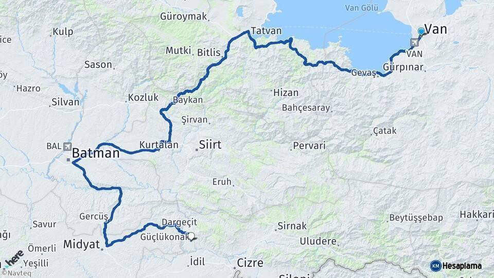 Van Güçlükonak Şırnak Arası Kaç Km - Yol Haritası