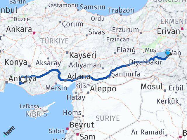 Van Gündoğmuş Antalya Arası Kaç Km - Yol Haritası