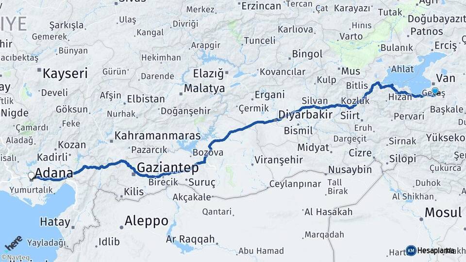 Van Gürpınar Adana Arası Kaç Km - Yol Haritası