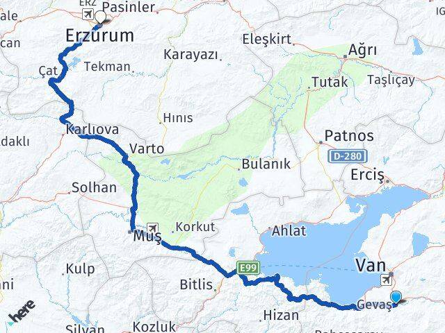 Van Gürpınar Erzurum Arası Kaç Km - Yol Haritası