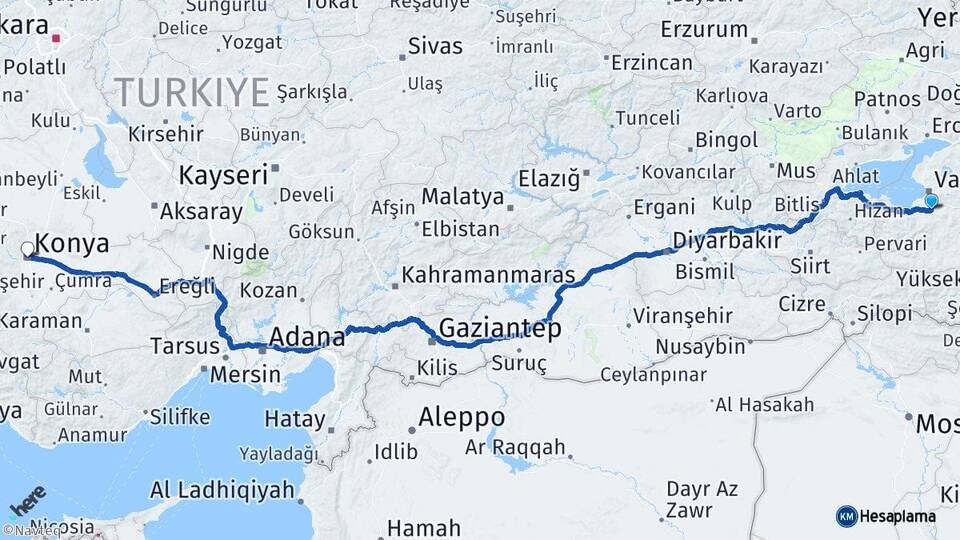 Van Gürpınar Konya Arası Kaç Km - Yol Haritası