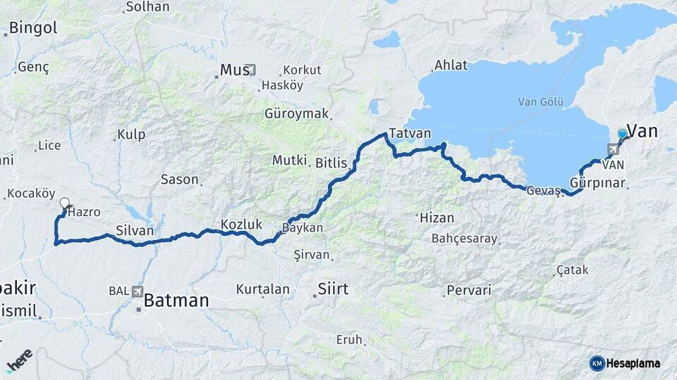 Van Hazro Diyarbakır Arası Kaç Km - Yol Haritası