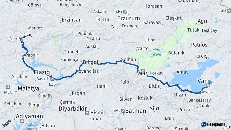 Van İliç Erzincan Arası Kaç Km - Yol Haritası