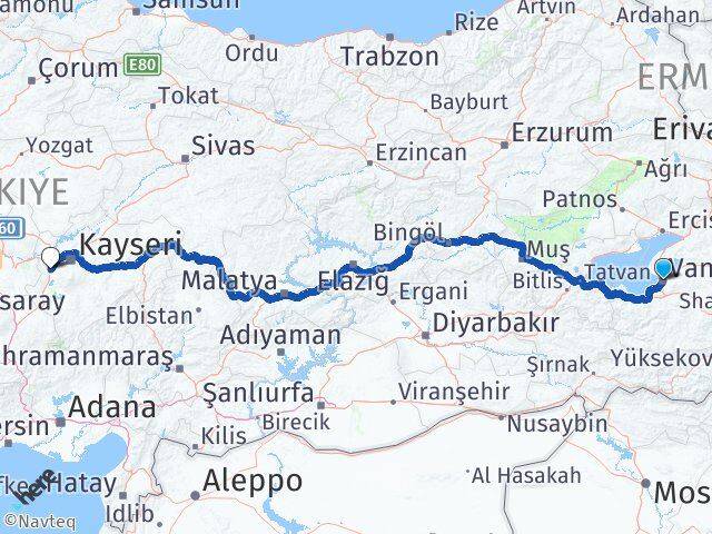 Van İncesu Kayseri Arası Kaç Km - Yol Haritası