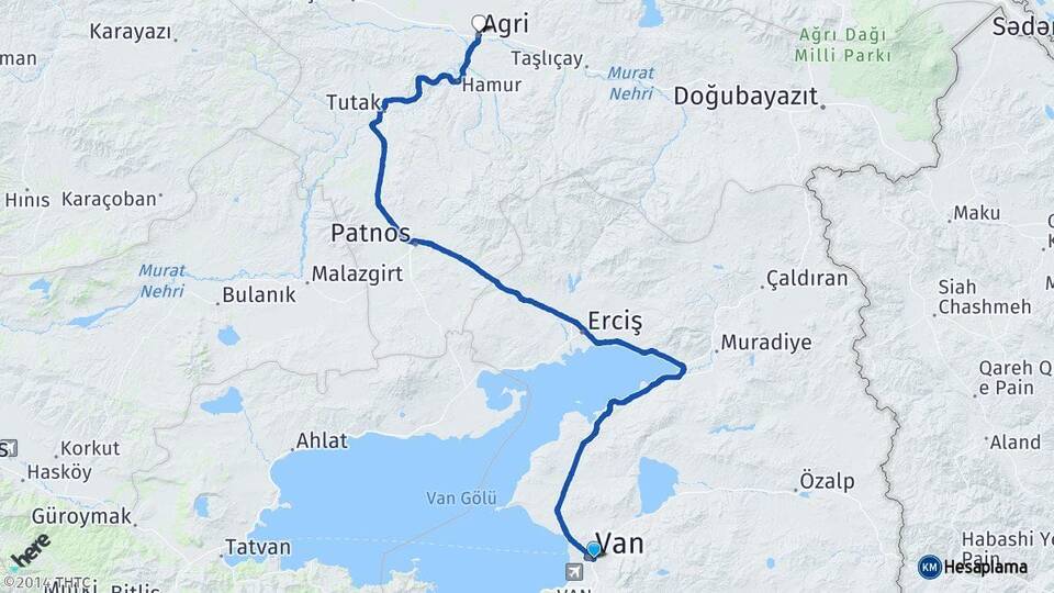 Van İpekyolu Ağrı Arası Kaç Km - Yol Haritası