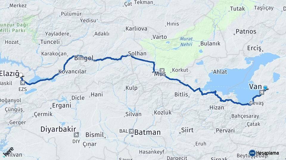 Van İpekyolu Elazığ Arası Kaç Km - Yol Haritası