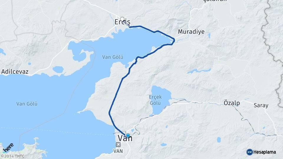 Van İpekyolu Erciş Arası Kaç Km - Yol Haritası