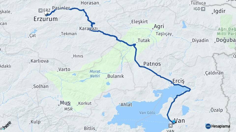 Van İpekyolu Erzurum Arası Kaç Km - Yol Haritası