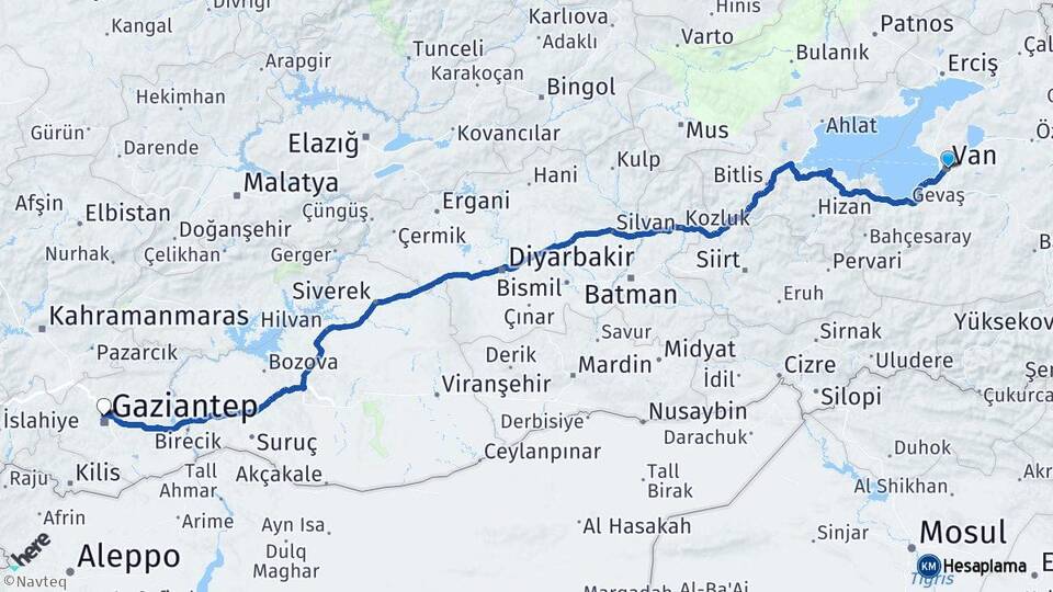 Van İpekyolu Gaziantep Arası Kaç Km - Yol Haritası