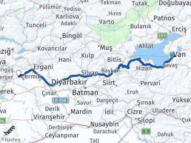 Van İpekyolu Haburman Çermik Diyarbakır Arası Kaç Km - Yol Haritası