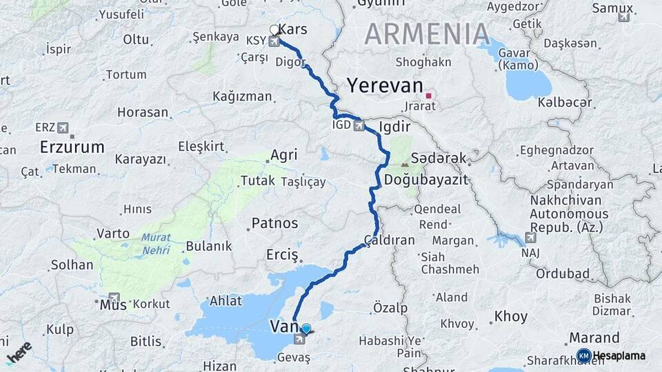 Van İpekyolu Kars Arası Kaç Km - Yol Haritası