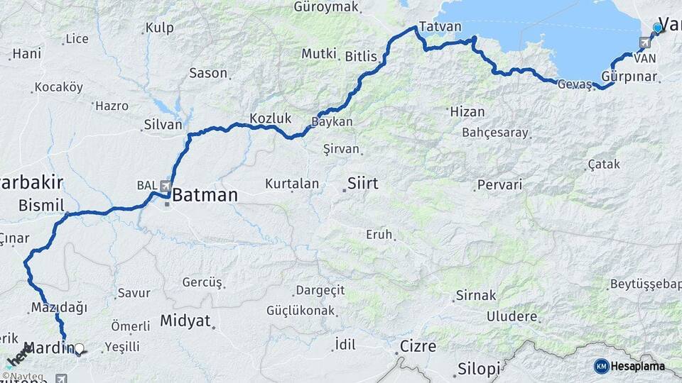 Van İpekyolu Mardin Arası Kaç Km - Yol Haritası
