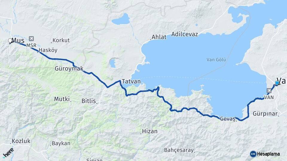 Van İpekyolu Muş Arası Kaç Km - Yol Haritası