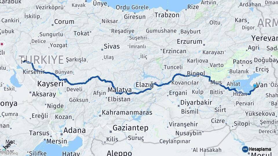 Van Kaman Kırşehir Arası Kaç Km - Yol Haritası
