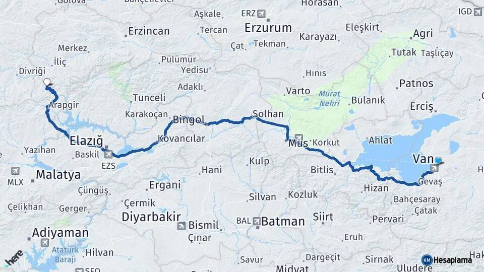 Van Kemaliye Erzincan Arası Kaç Km - Yol Haritası