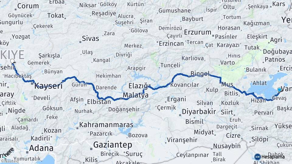Van Kozaklı Nevşehir Arası Kaç Km - Yol Haritası