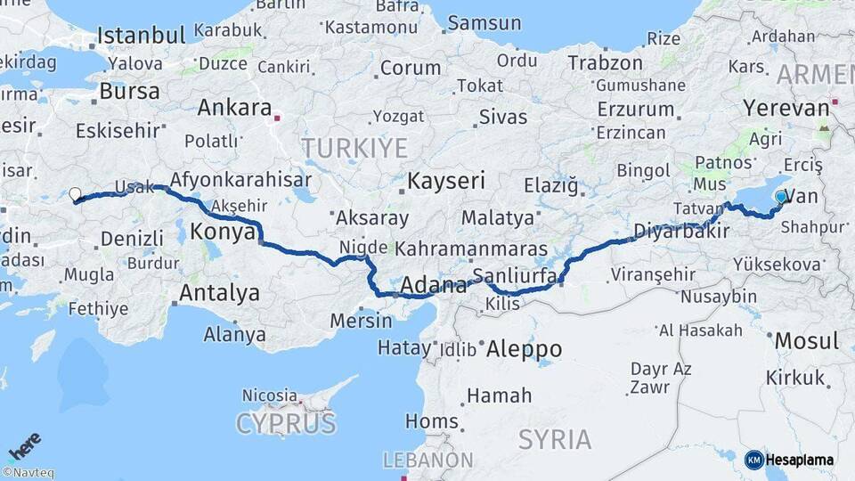 Van Kula Manisa Arası Kaç Km - Yol Haritası