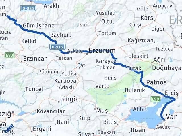 Van Kürtün Gümüşhane Arası Kaç Km - Yol Haritası