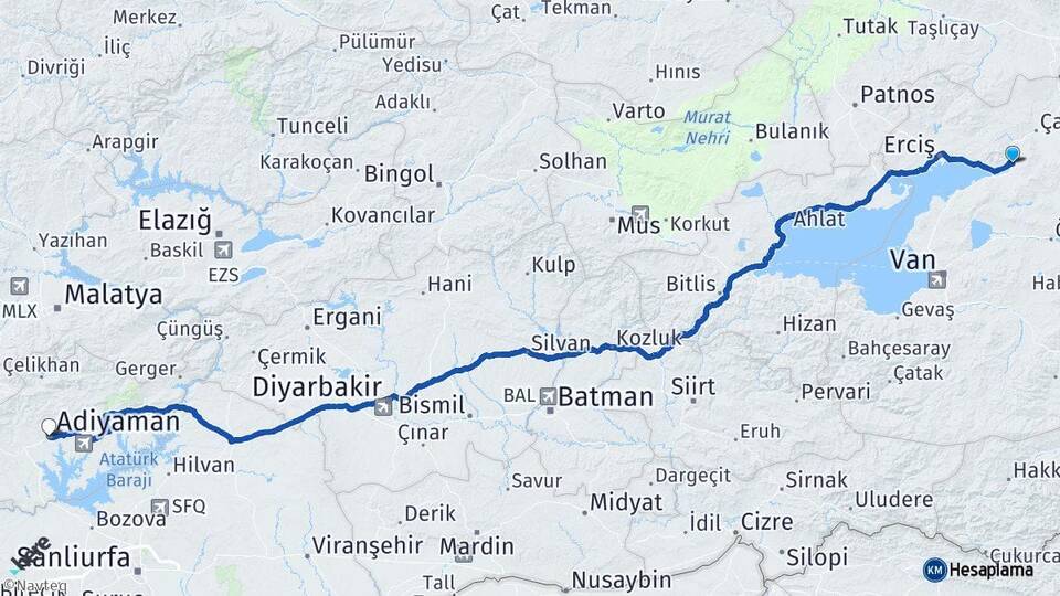 Van Muradiye Adıyaman Arası Kaç Km - Yol Haritası