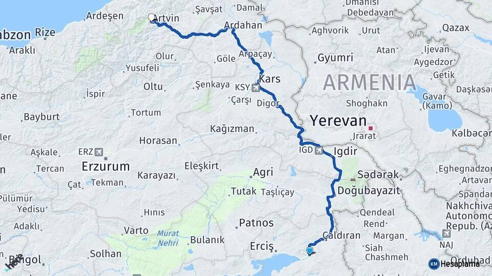 Van Muradiye Artvin Arası Kaç Km - Yol Haritası