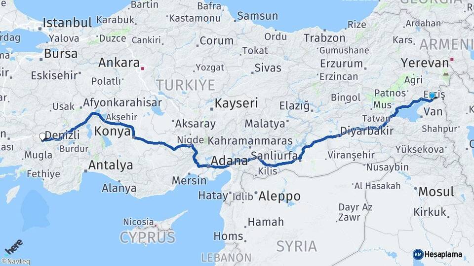 Van Muradiye Denizli Arası Kaç Km - Yol Haritası