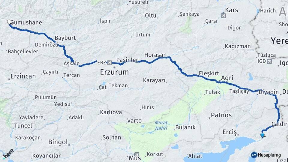 Van Muradiye Gümüşhane Arası Kaç Km - Yol Haritası