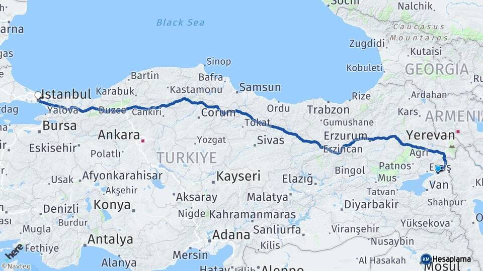 Van Muradiye İstanbul Arası Kaç Km - Yol Haritası
