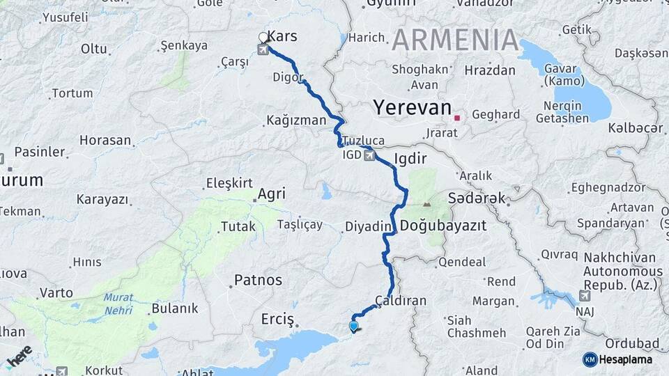 Van Muradiye Kars Arası Kaç Km - Yol Haritası