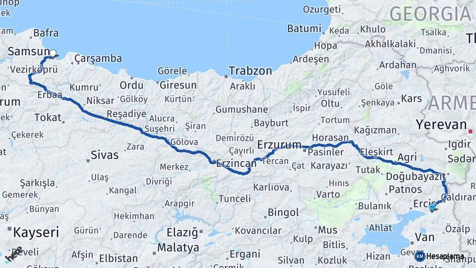 Van Muradiye Samsun Arası Kaç Km - Yol Haritası
