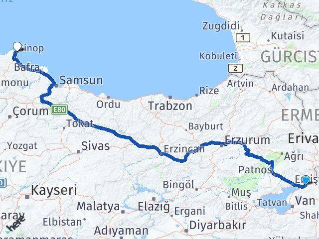 Van Muradiye Sinop Arası Kaç Km - Yol Haritası
