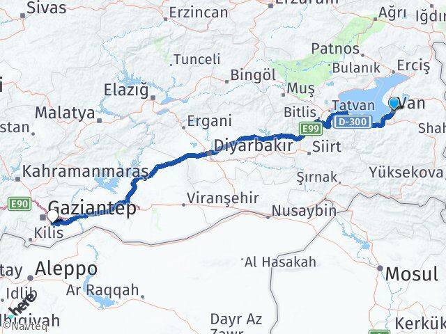 Van Oğuzeli Gaziantep Arası Kaç Km - Yol Haritası