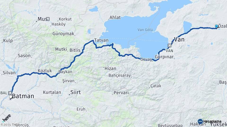 Van Özalp Batman Arası Kaç Km - Yol Haritası
