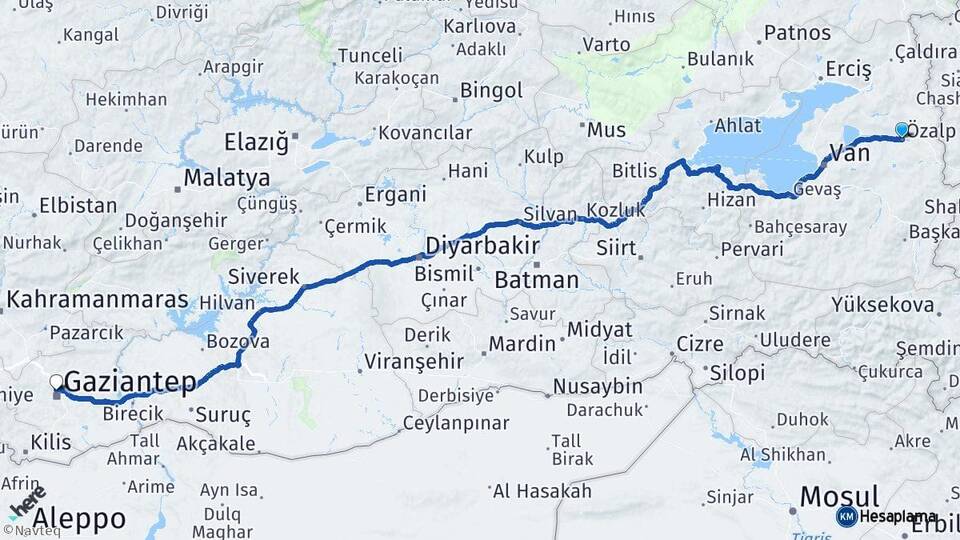 Van Özalp Gaziantep Arası Kaç Km - Yol Haritası