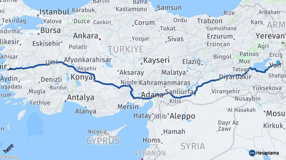 Van Özalp İzmir Arası Kaç Km - Yol Haritası