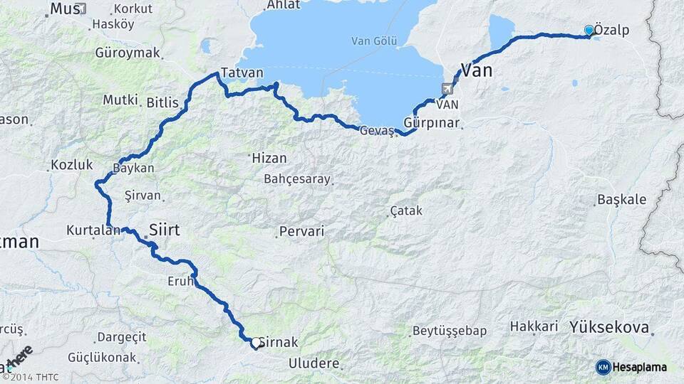 Van Özalp Şırnak Arası Kaç Km - Yol Haritası