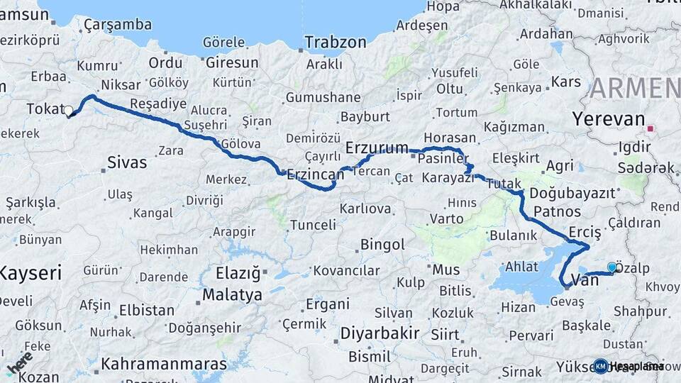 Van Özalp Tokat Arası Kaç Km - Yol Haritası