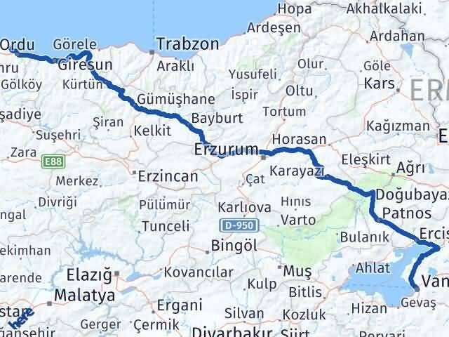 Van Perşembe Ordu Arası Kaç Km - Yol Haritası