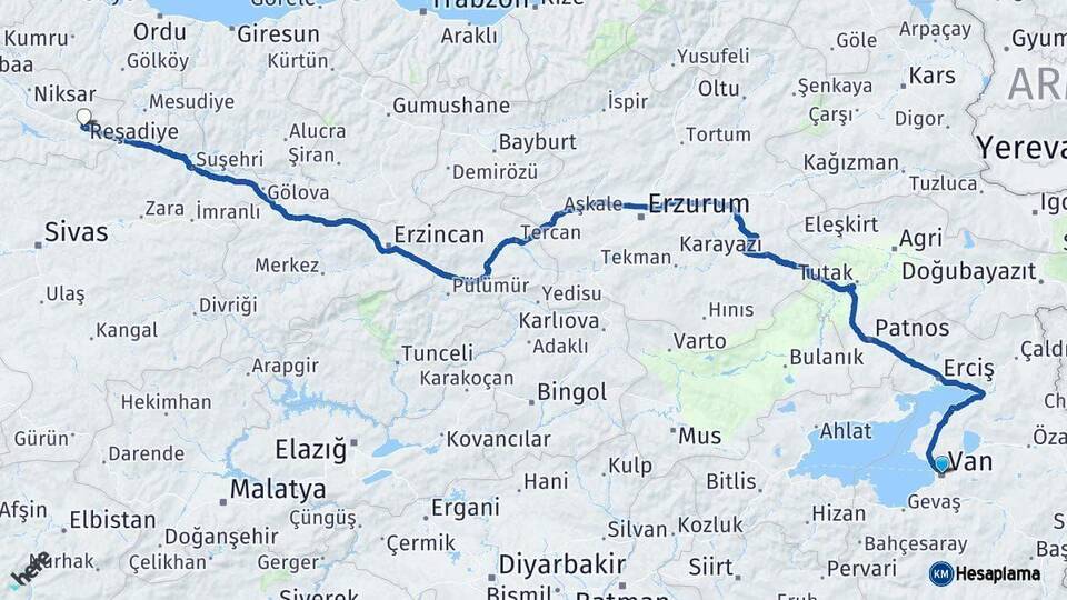 Van Reşadiye Tokat Arası Kaç Km - Yol Haritası