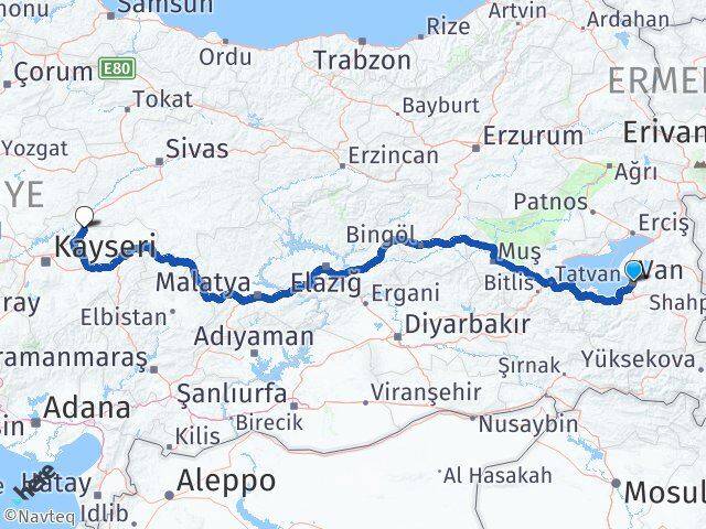 Van Sarıoğlan Kayseri Arası Kaç Km - Yol Haritası